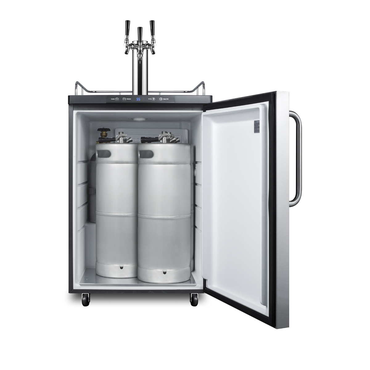 Freestanding residential beer dispenser, auto defrost with digital thermostat, stainless steel door, and triple tap system